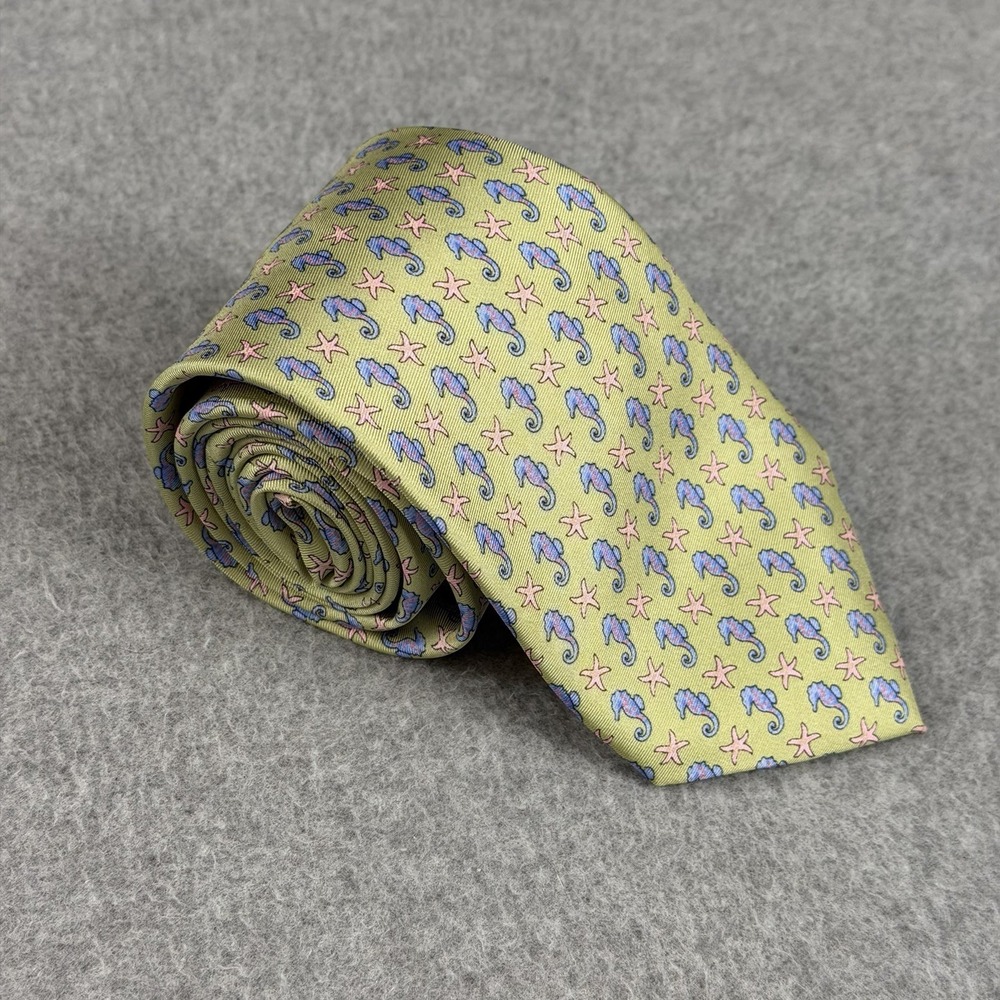 Vintage Alynn Neckwear Silk Seahorse Starfish Novelty Tie Green Handmade 60x3.25